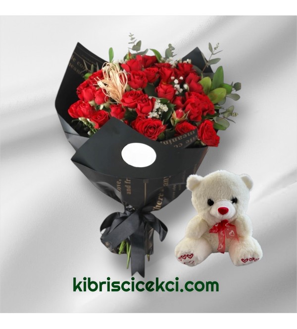 42 Kırmızı Gül Buketi Ayıcık